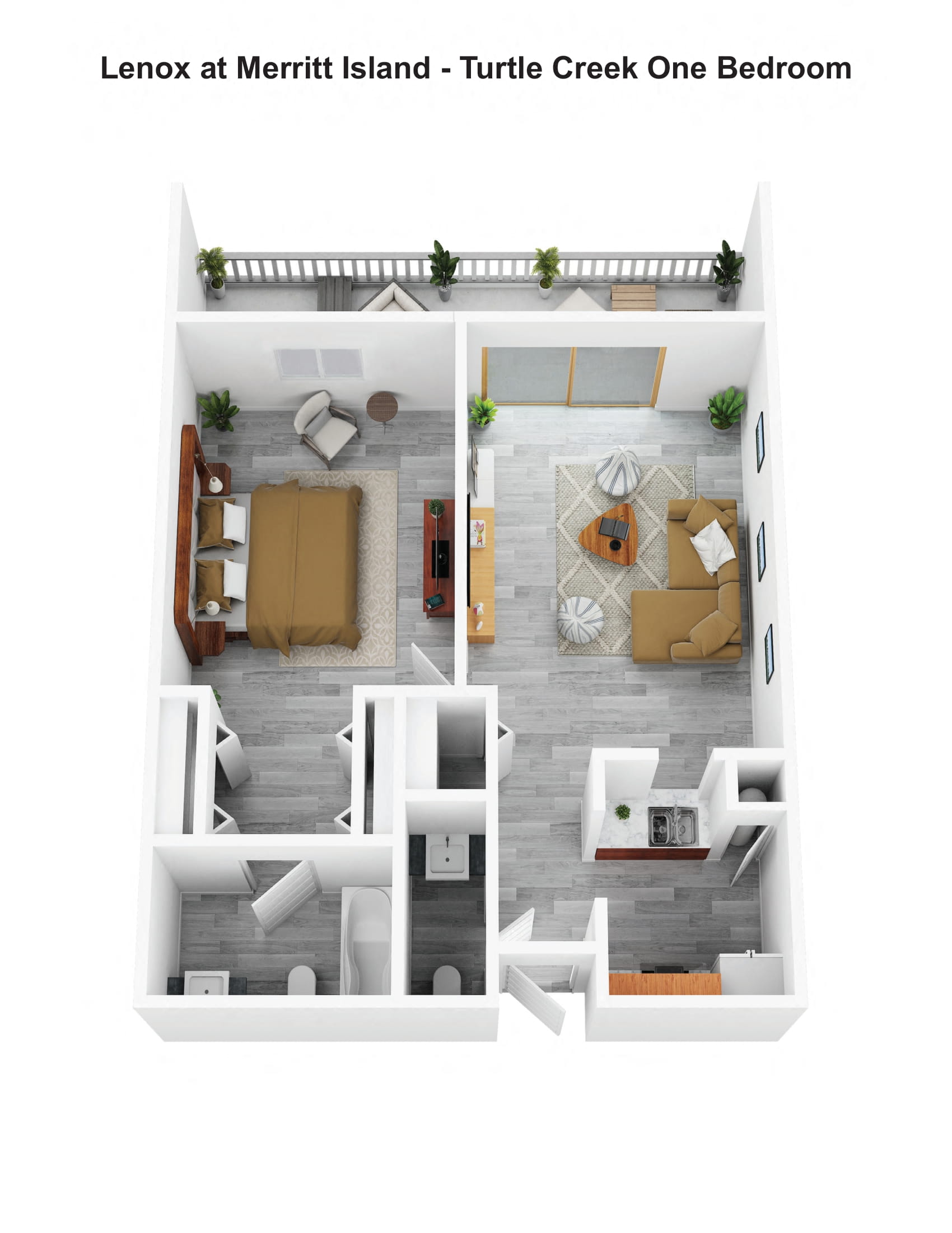 Floor plan for 1 bed, 1.5 baths, 610 sqft